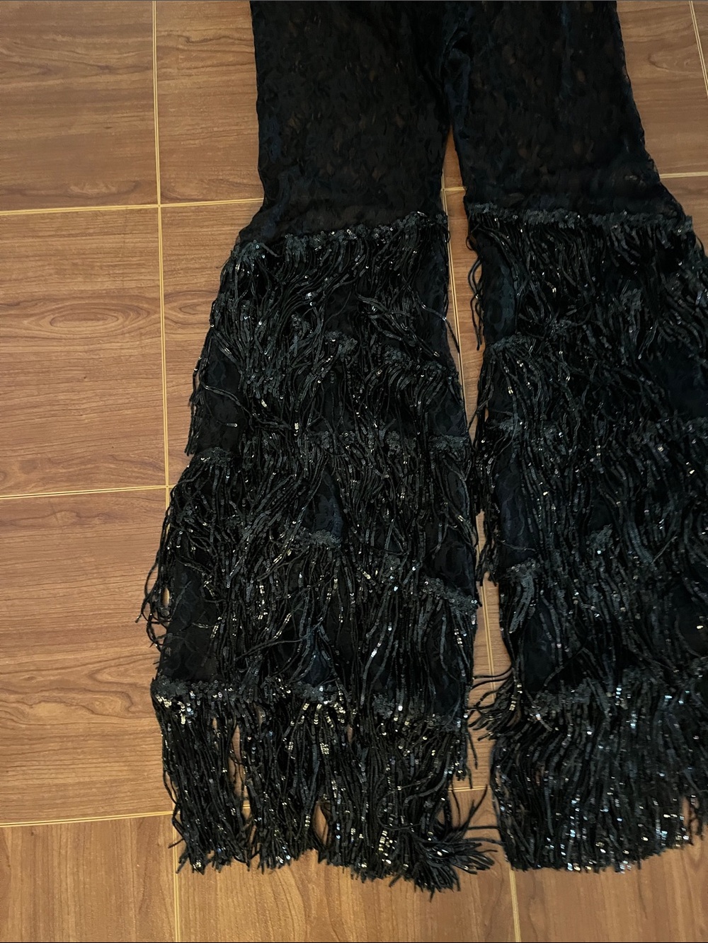 Little Black Diamond Black Lace Flare Pants with Sequin Fringe Pants - Picture 7 of 9